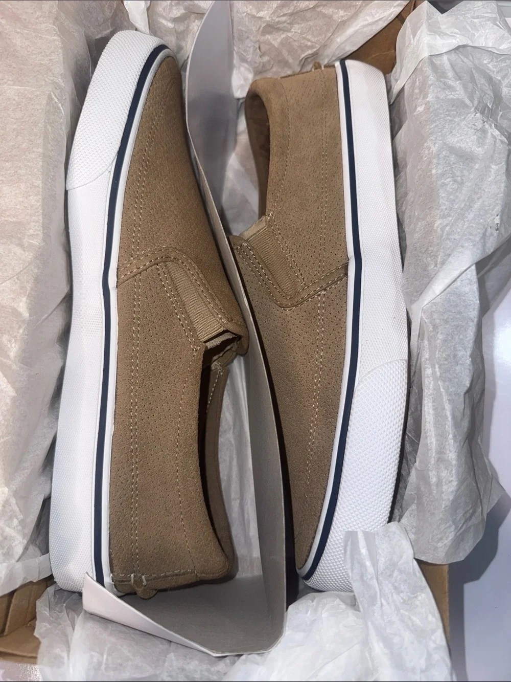 Sperry Men’s Tan Suede Slip-On Boat Shoes with Navy Insoles Size 11M UK/GB 10M